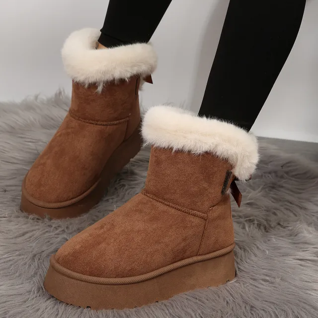 New Bow knot Snow Boots Winter Plus Velvet Warm Thick soled Ankle Boots For Women Simple Daily Leisure Cotton Shoes Brown - Shop at LoveMi