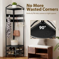 Corner Hall Tree, Industrial 4-Tier Coat Rack With Shoe Storage, 8 Movable Hooks And 2 Shelves For Hallway, Black 4