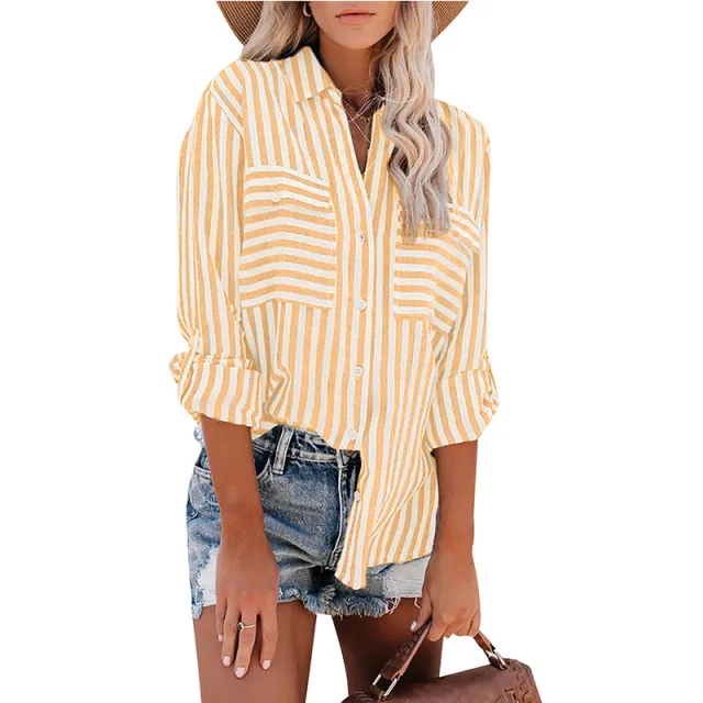 Ramie Cotton Wash Water Striped Single Breasted Long sleeved Shirt Female Orange - Shop at LoveMi