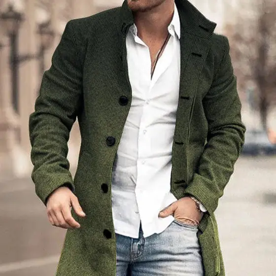 Autumn And Winter New Men's Woolen Stand Collar Medium Long Pocket Casual Coat