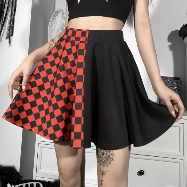 Dark Girl Color Contrast Plaid Stitching Skirt Sexy High Waist Skirt Red - Shop at LoveMi