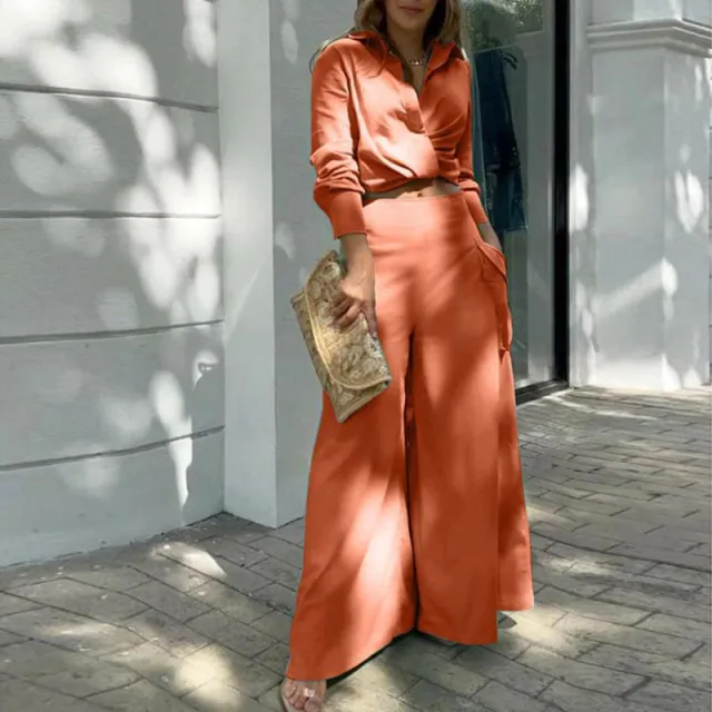 Women's Plus Size Elegant Pant Set Crisscross Detail Top & Wide Leg Pants With Pockets Office & Casual Outfit Orange2 - Shop at LoveMi