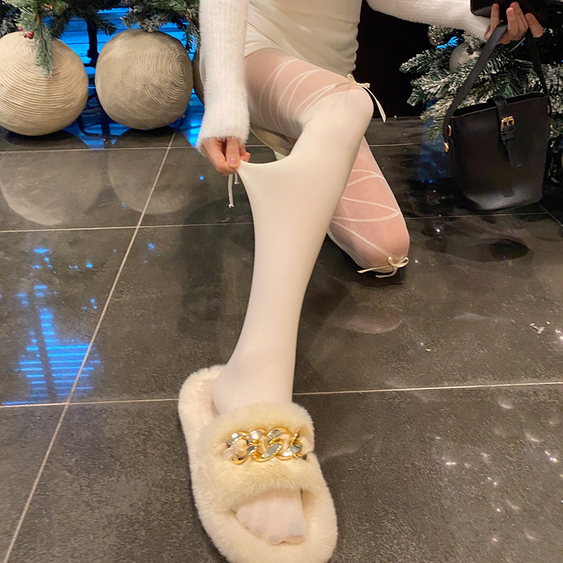 Anti-snag Sheer White Fake Thigh Highs with Lace-Up Bow