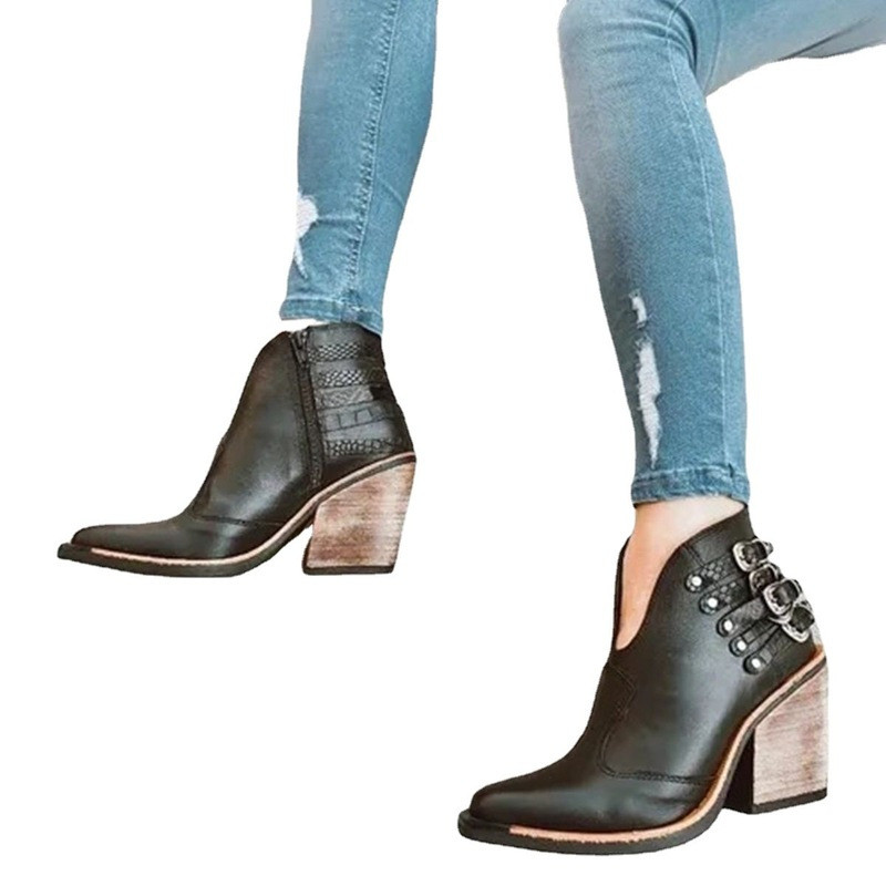 Independent Stand Large Size Pointed Toe Thick Heel Short Tube Side Zipper Wooden