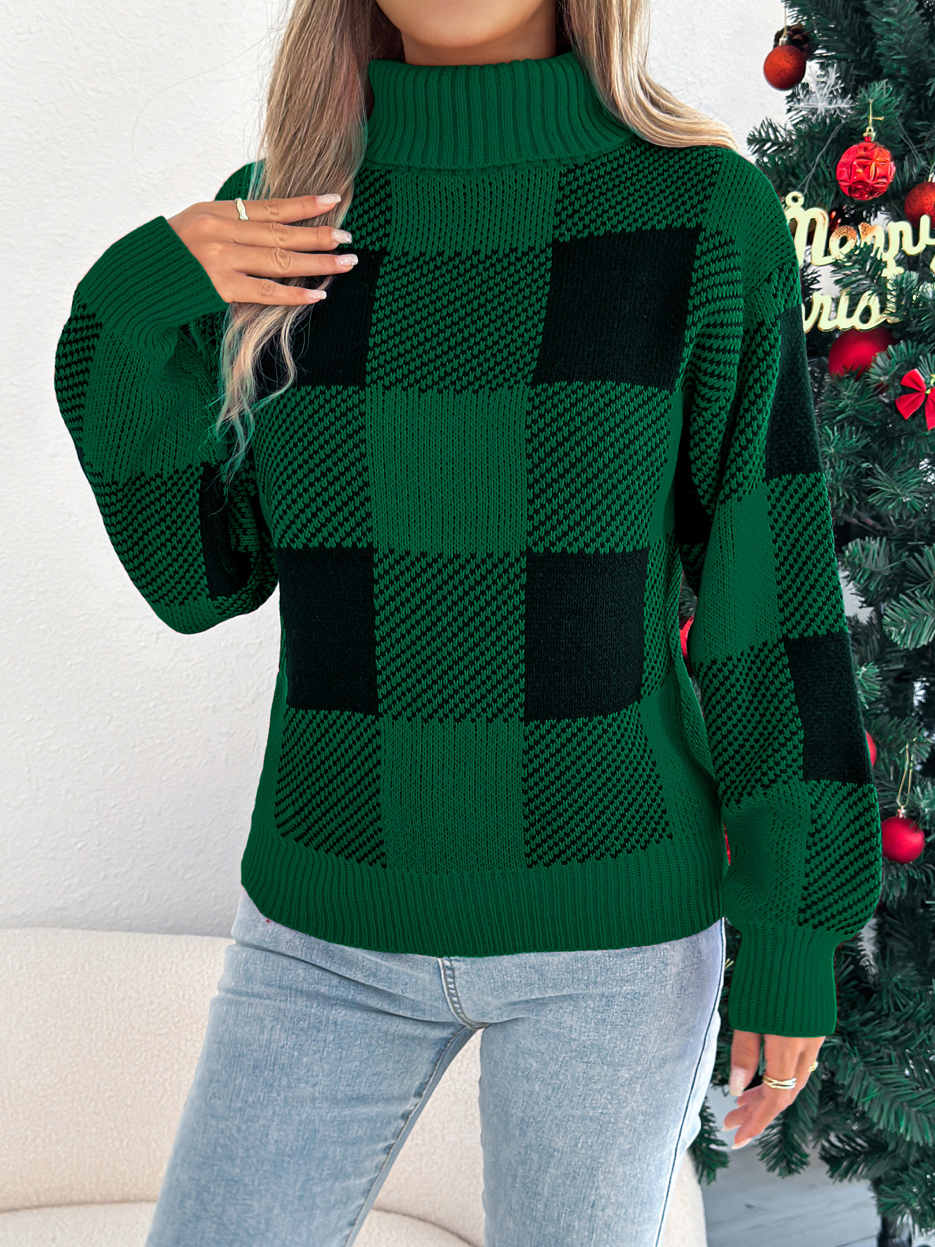 Casual Color Block Plaid Lantern Sleeve High Neck Sweater thumbnail 2