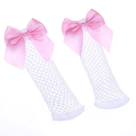 Female Lace up Bow Fishnet Socks White Pink Bow - Shop at LoveMi