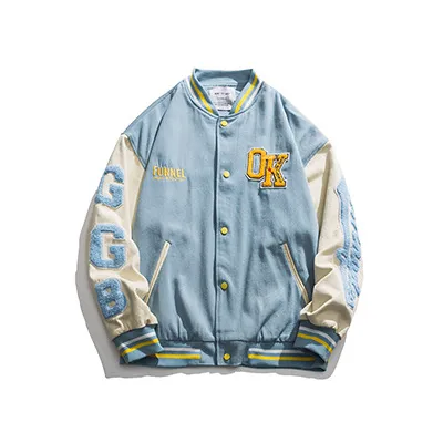 Colorblock Baseball Uniform Men's Embroidered Couple Loose Overalls Blue - Shop at LoveMi