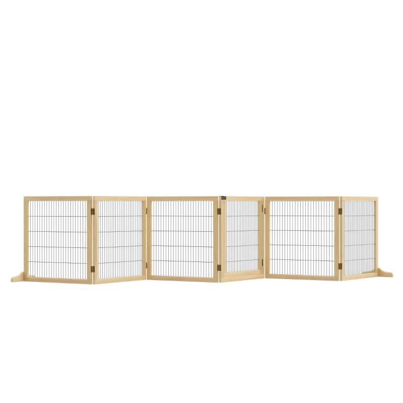 PawHut Wooden Pet Gate, 6-Panel Folding Dog Safety Barrier With Support Feet For Small & Medium Dogs, Natural Wood