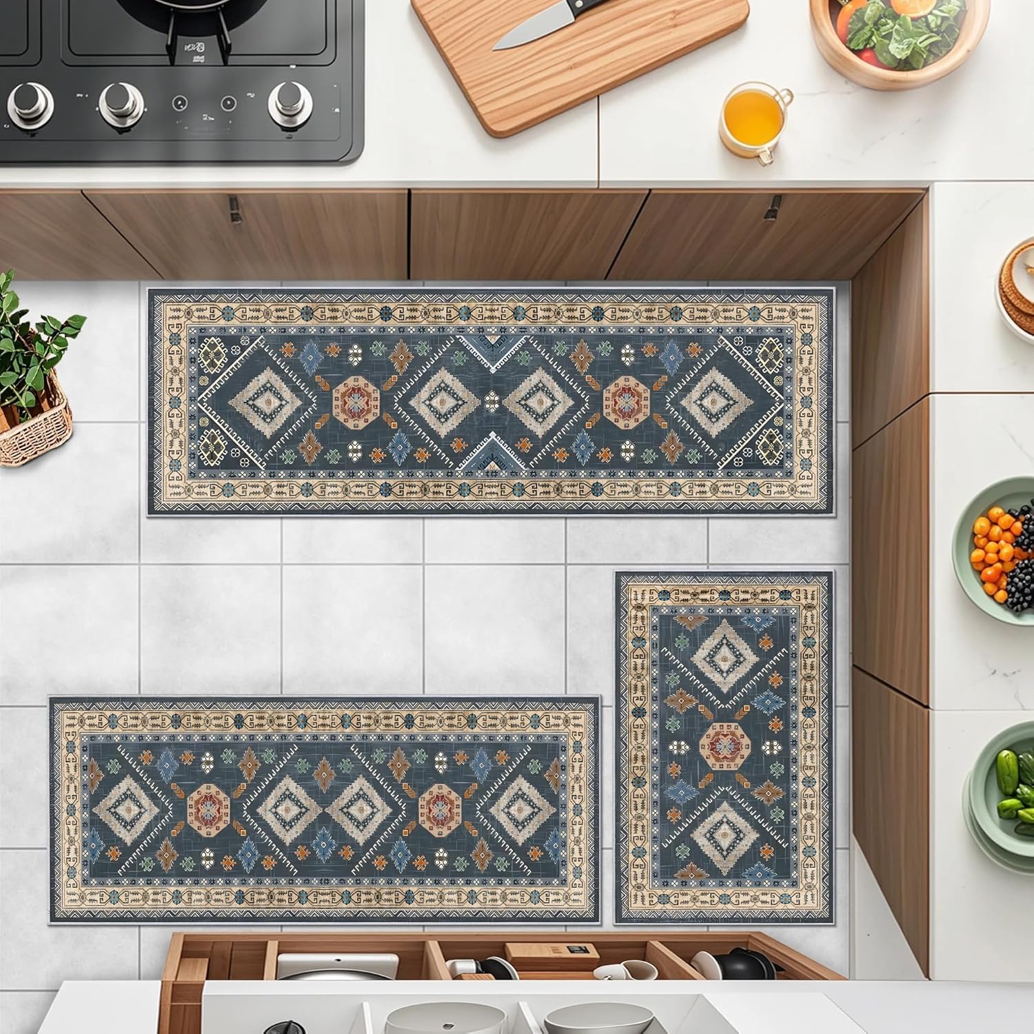 Washable Kitchen Rugs Set Of 3 Piece Non Slip Runner Set Boho Kitchen Runner Mat Decor Carpet For Hallway Laundry 3