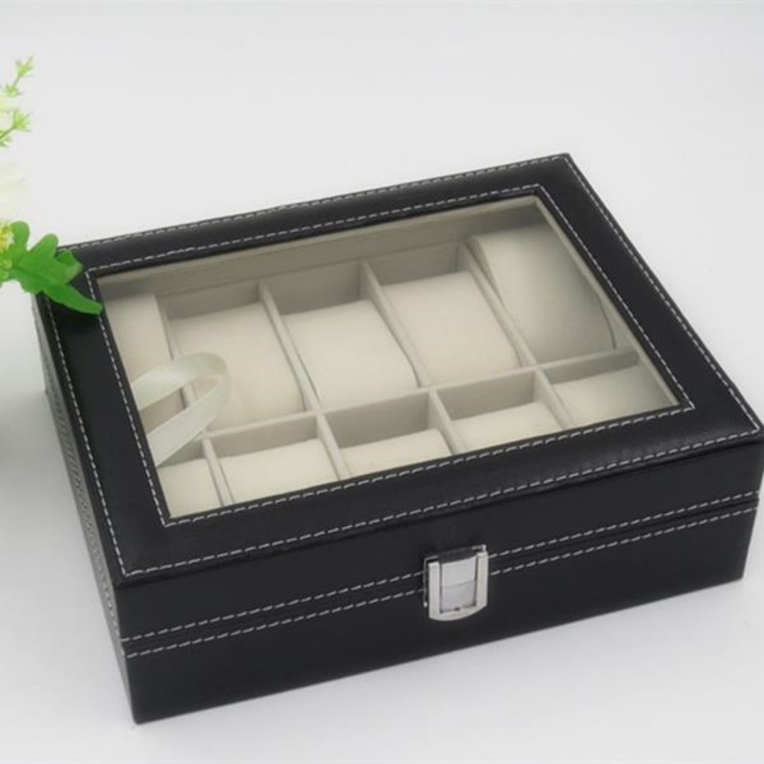 10 Compartments High-grade Leather Watch  Storage Box Black 4