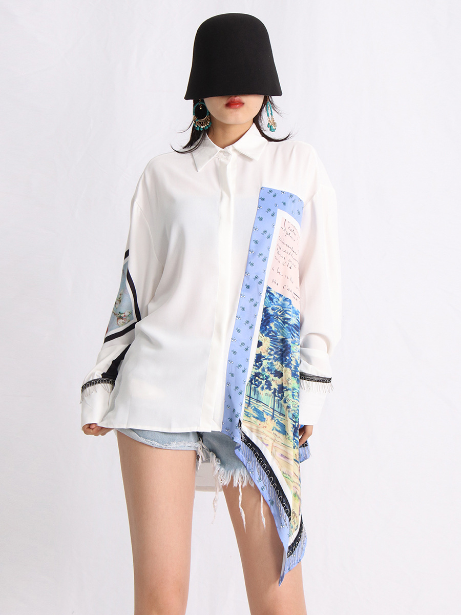 Women's Fashion Oil Painting Printing Irregular Long Sleeve Shirt
