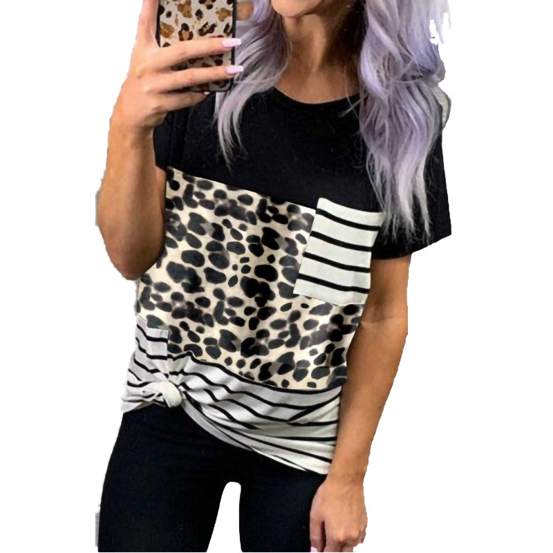 Round Neck Pullover Leopard Print Stitching Top Women