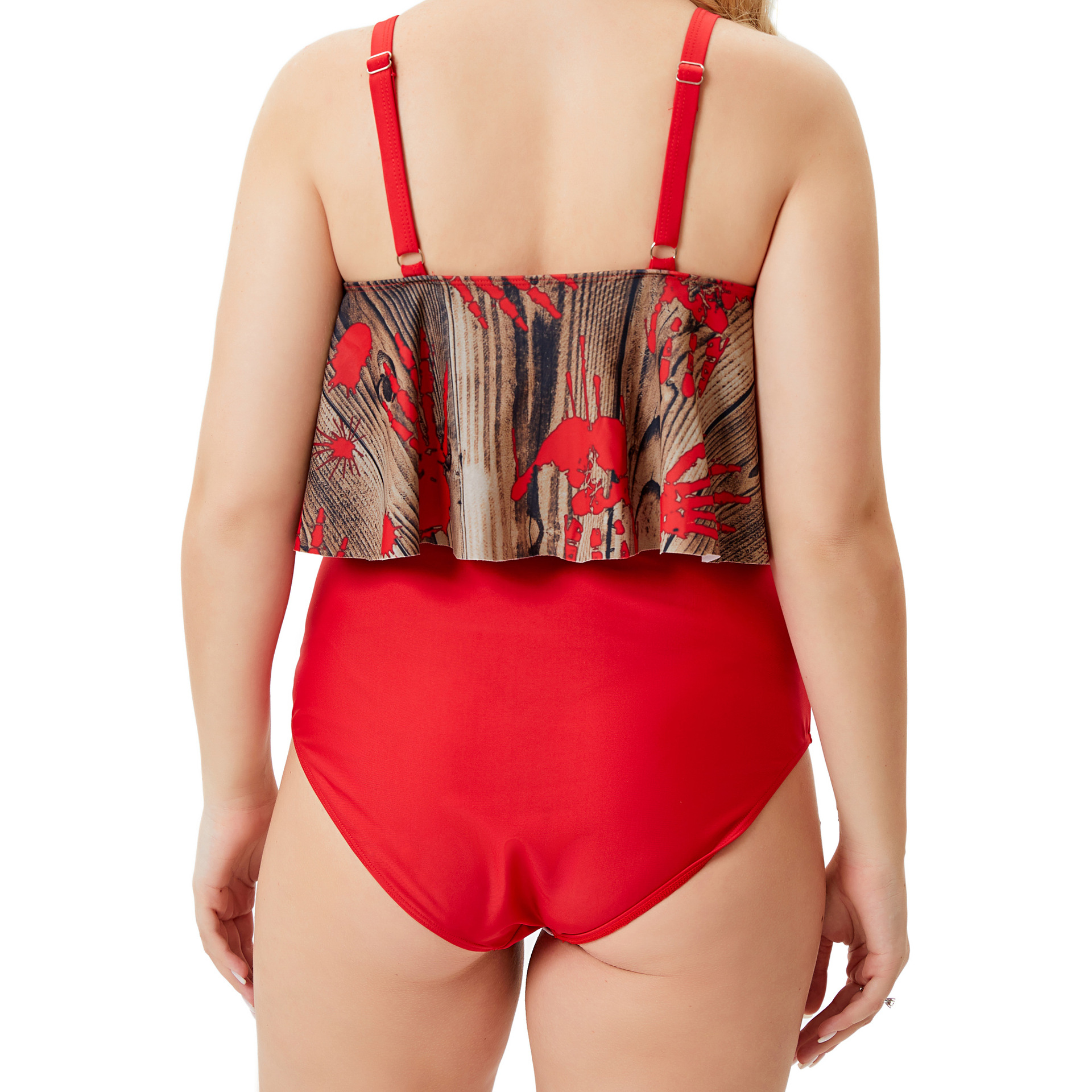 Ruffled Red Handprint Split High Waist Ladies Swimsuit