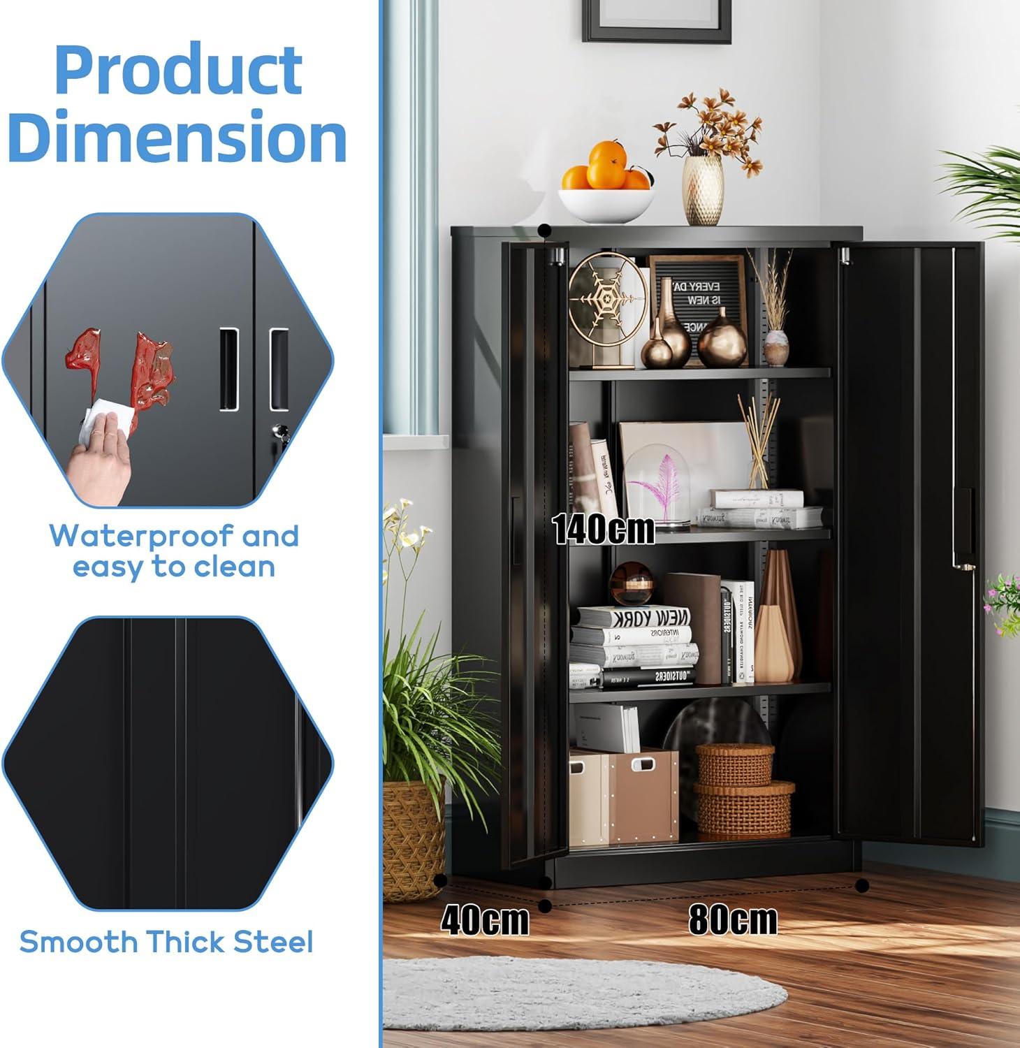 SUPEER Filing Cabinet, Metal Cabinet With 3 Height-Adjustable Shelves, Sheet Steel Powder Coating, Steel Cabinet For Tools, Garage, H 140 Cm X W 80 Cm X D 40 Cm Black