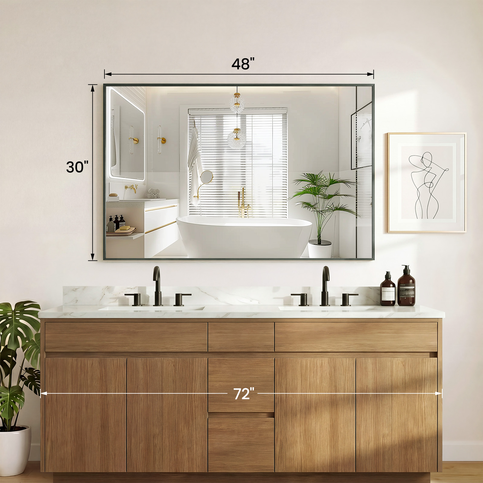 Above The Countertop, There Is A Rectangular Wall-mounted Bathroom Mirror With A Metal Frame And Made Of Tempered Glass. image 7