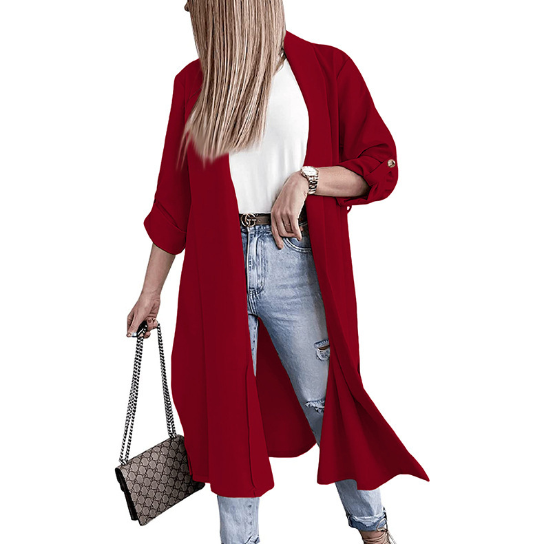 Title 5, Lengthened Solid Color Trench Coat Without Belt...