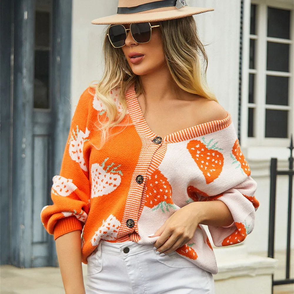 Women's Fashionable Elegant V-neck Buttons Cardigan Jacket - Orange