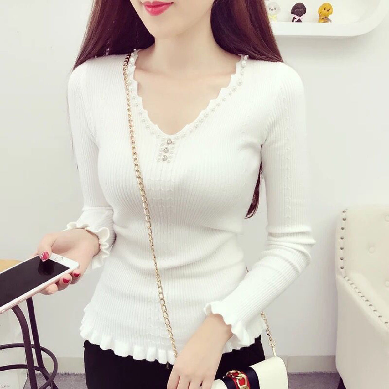 Title 2, Slim-fit Sweater With Beaded Pullover Crop Top