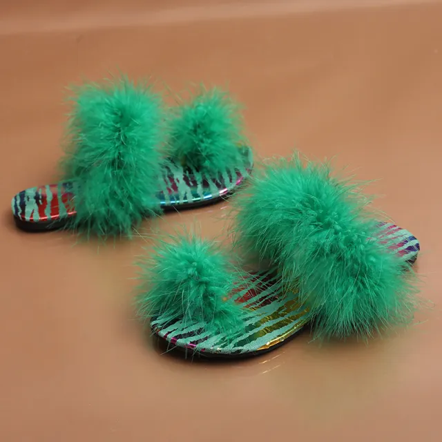 Women's New Candy Color One Line Fashion Outer Wear Fur Slippers Green - Shop at LoveMi