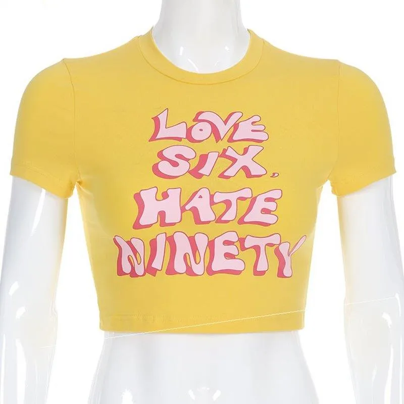 Short Sleeve Irt Print Round Neck Tight Crop - Yellow