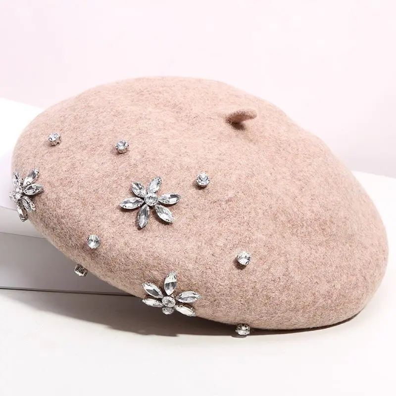 Women's Autumn And Winter Rhinestone Wool Beret - Mocha-M
