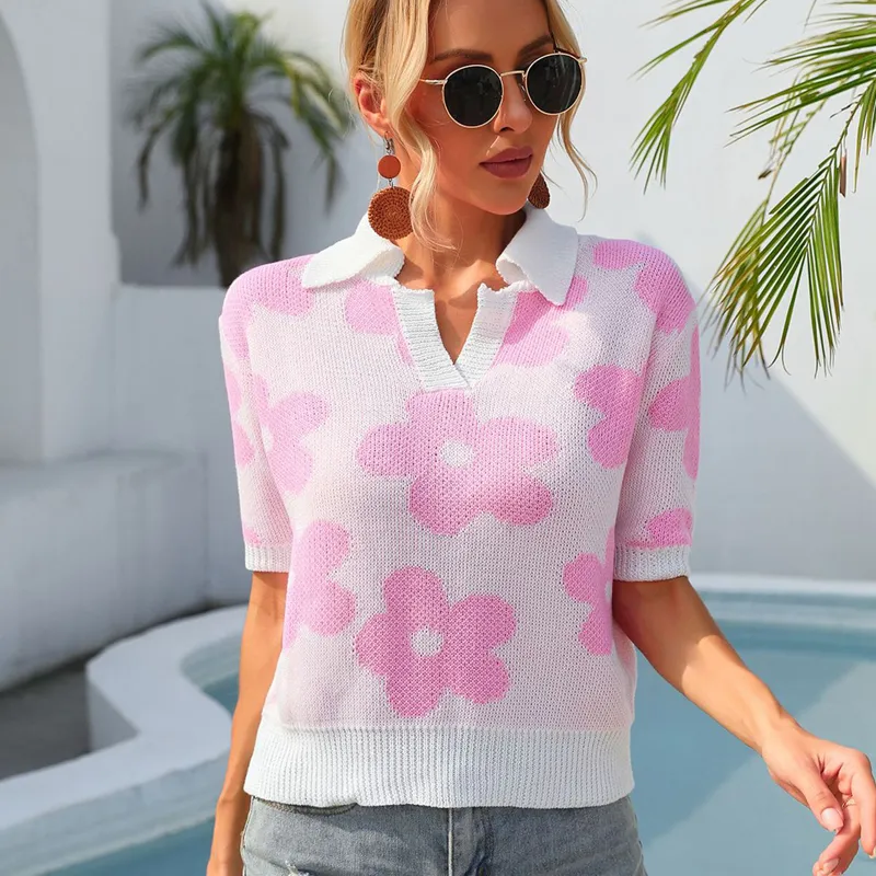 Summer New Women's Trending Unique Lapel Flower Print Short Sleeve - Pink