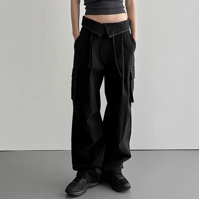 Solid Color Waist Cuff Lace Loose Cargo Pocket Lounge Pants Black - Shop at LoveMi