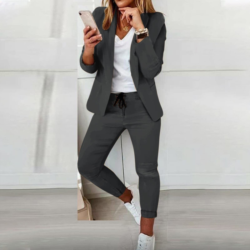 Women's Solid Color Long Sleeve Suit Set Stylish Notch Lapel Blazer With Pockets & Drawstring Waist Pants, Spring&Fall Business Casual Outfit Gray - Shop at LoveMi