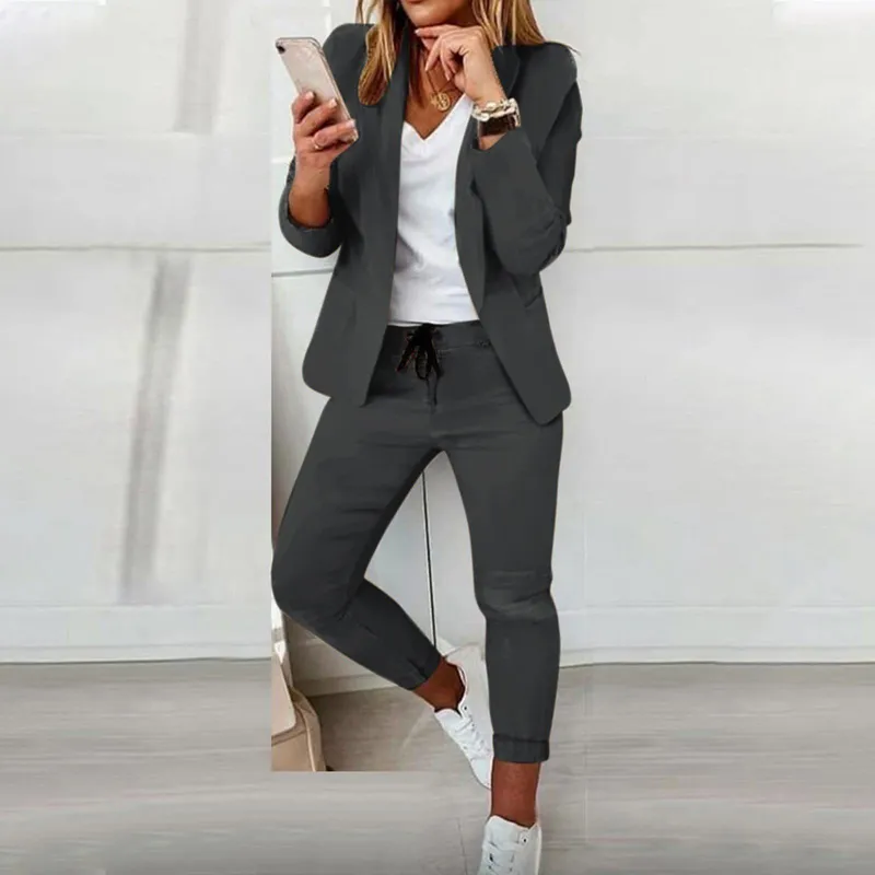 Women's Solid Color Long Sleeve Suit Set - Stylish Notch Lapel Blazer With Pockets & Drawstring Waist Pants, Spring&Fall Business Casual Outfit - Gray
