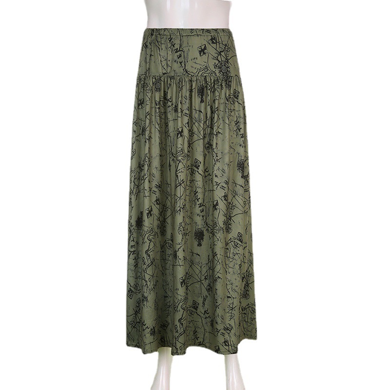 Retro Casual Skirt Elastic Waist Ink Printing And Dyeing