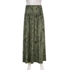 Retro Casual Skirt Elastic Waist Ink Printing And Dyeing - Army Green - View 1