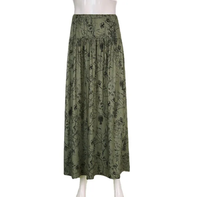 Retro Casual Skirt Elastic Waist Ink Printing And Dyeing Army Green - Shop at LoveMi