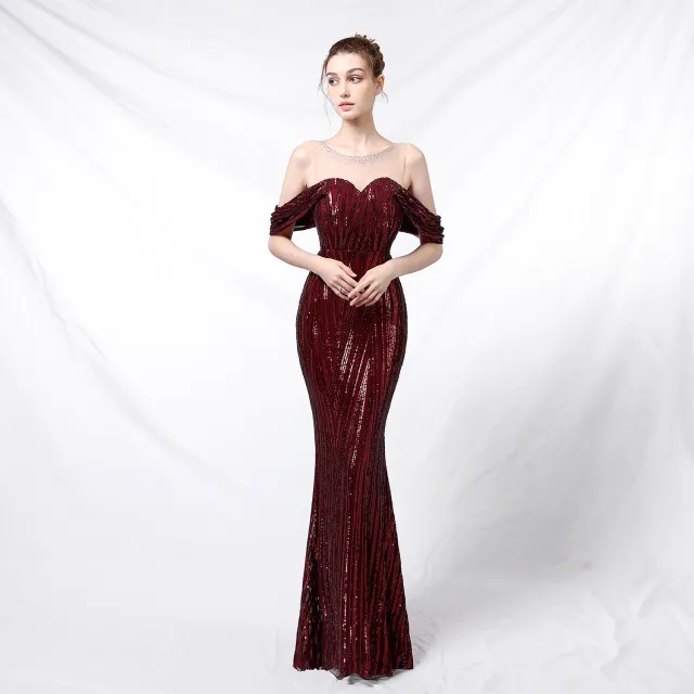 Long Sequined Long Dress With Front And Back Claret - Shop at LoveMi