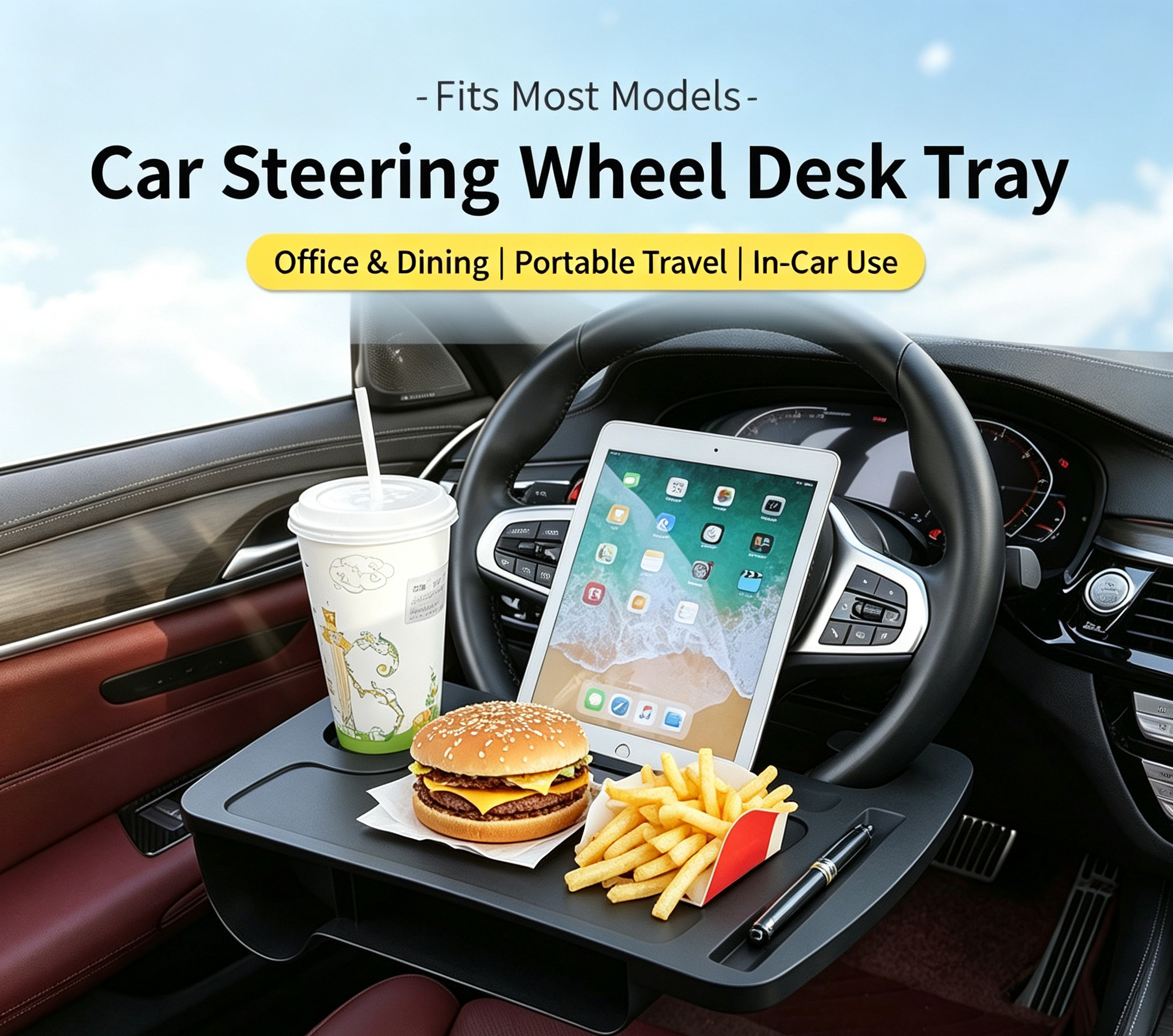 Multifunctional Car Steering Wheel Tray, Portable Auto Dining Table With Beverage Holder, In Vehicle Laptop & Writing Desk — foto 5