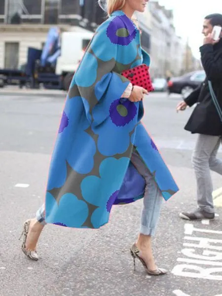Flared sleeve coat printed loose windbreaker - Blue