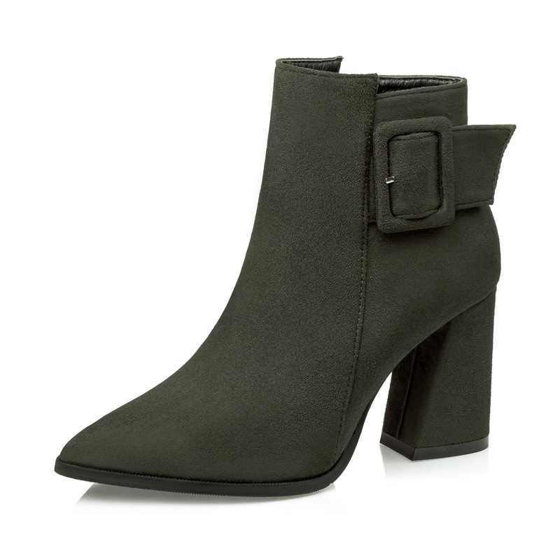 Pointed To Martin Female Frosted Thick With Short Belt Buckle High Heel Boots Green - Shop at LoveMi