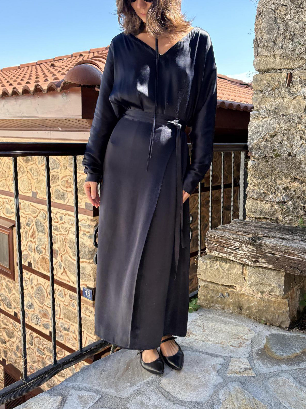 Navy Blue Satin Tie-Waist Slit Long Sleeve Maxi Dress
