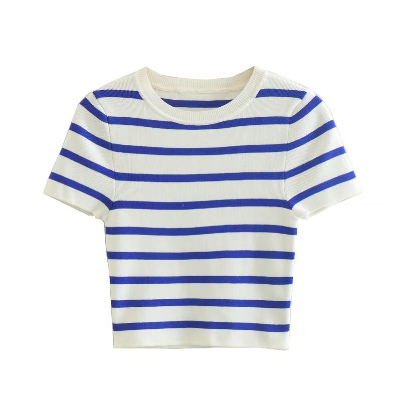 Title 2, Two-color Short Knitted Top with Slim Striped D...