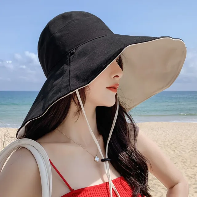 Double Sided Oversized Brim Sunscreen Fisherman Hat Female Black - Shop at LoveMi