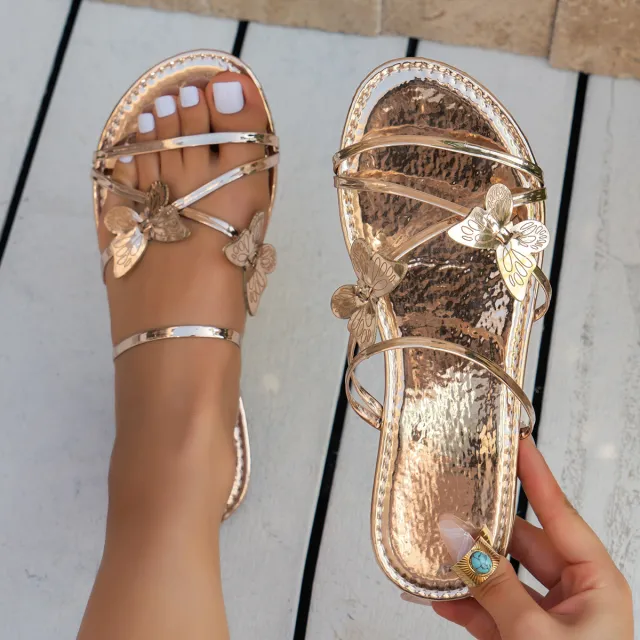 New Fashion Butterfly Cross strap Sandals Summer Beach Shoes For Women Casual Low Heel Flat Slides Slippers Champagne Size42 - Shop at LoveMi