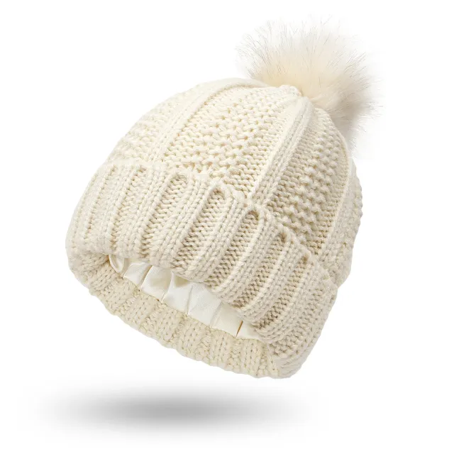 Winter Knitted Hats Fashion Stretchy Lined Skull Hats For Women Faux Fur Pom Pom Hat Keep Warming Beanie Hat Beige - Shop at LoveMi
