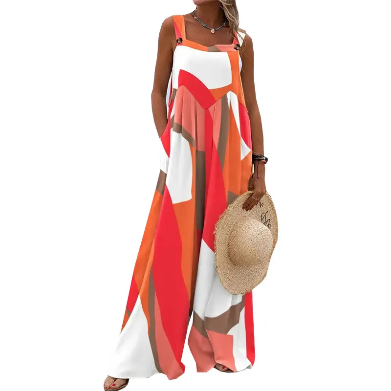 Printed Sleeveless Loose Casual Sling Jumpsuit - Orange