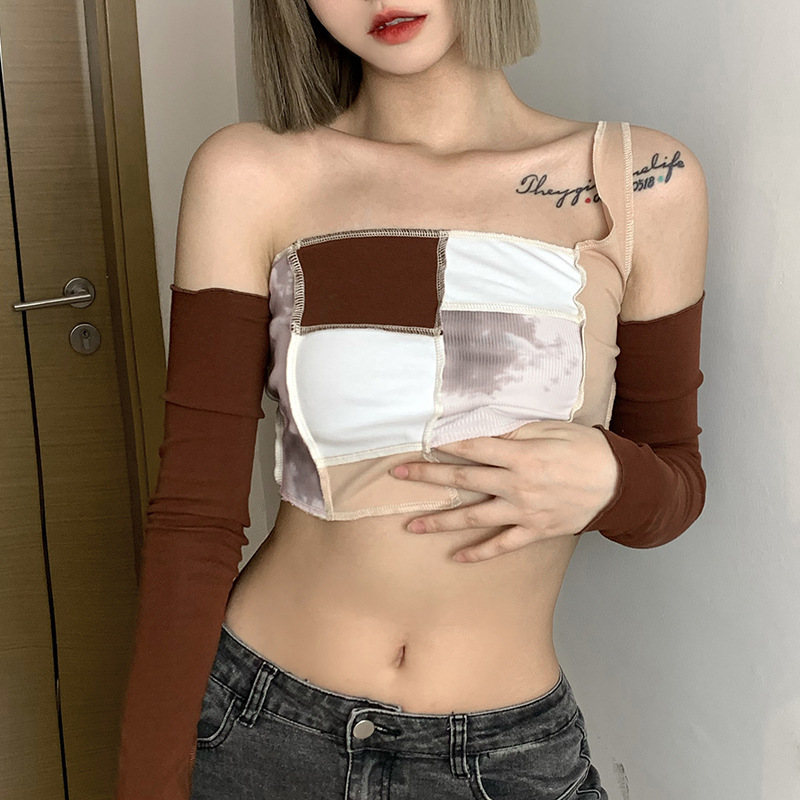 Early Autumn New Style Hit Color One-shoulder Top With Sleeves Women