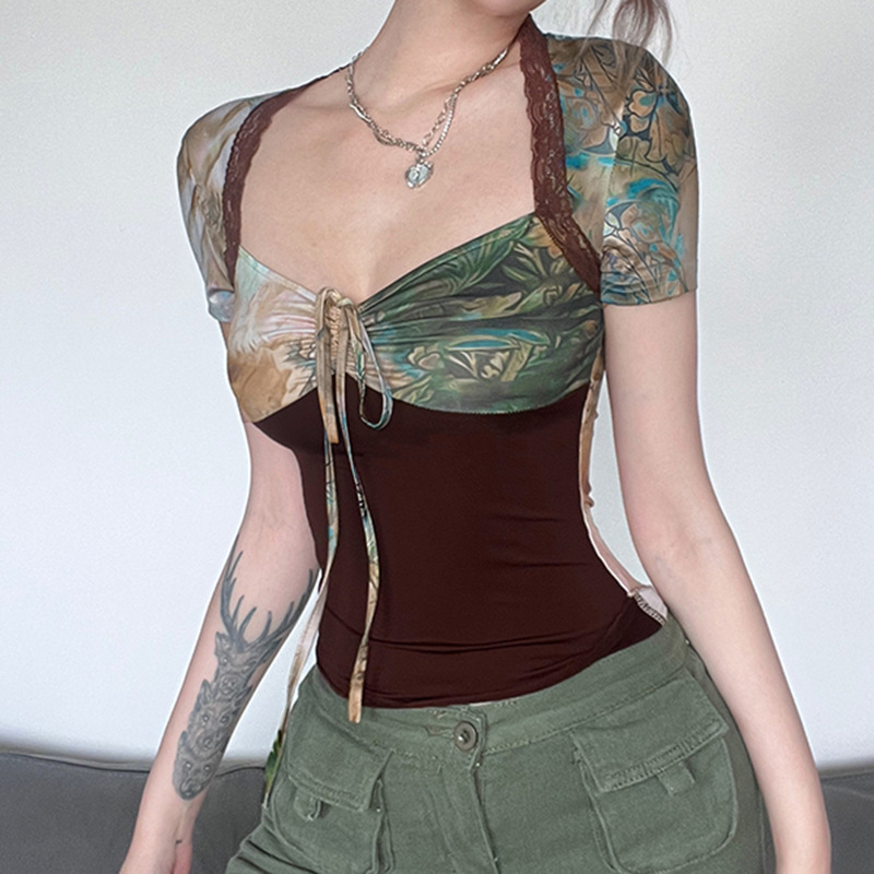 Retro Print Stretch Lace Casual Top V-neck