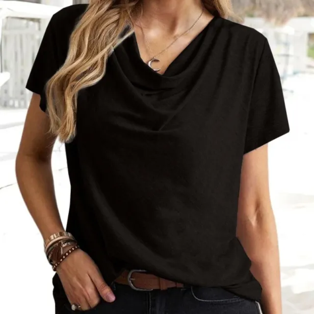 Solid Color Casual Fashion V neck Short Sleeve T shirt For Women Black - Shop at LoveMi