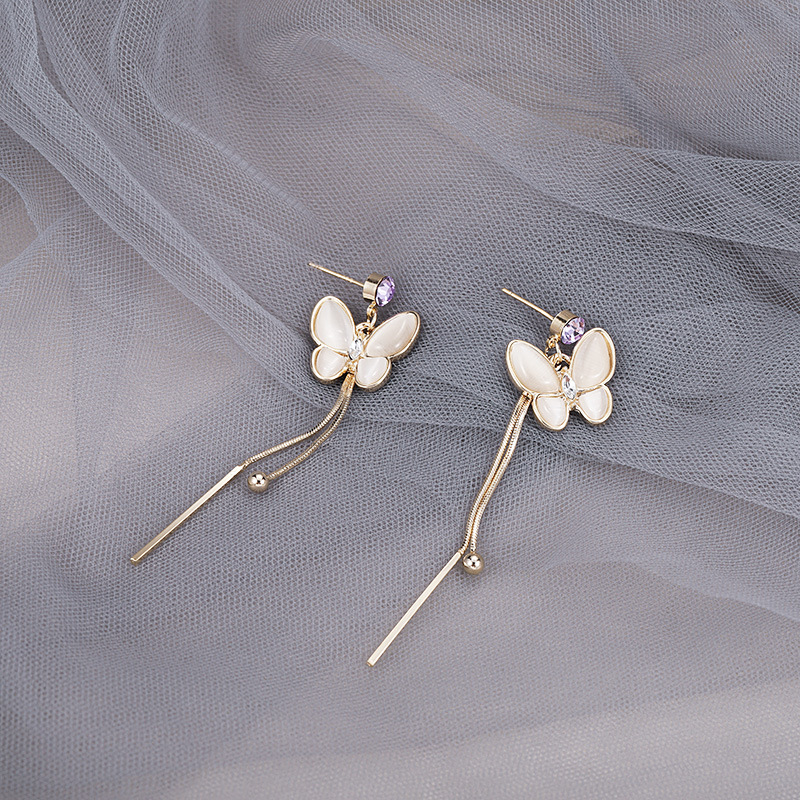 Opal Butterfly Fringe Earrings Exquisite Long Style