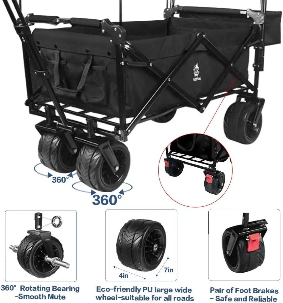 Collapsible Wagon 140L Wagons Carts Foldable With Removable Canopy, Folding Wagon Cart With Wheels For All-Terrain With Brake, Foldable Wagon With Cooler Bag, F