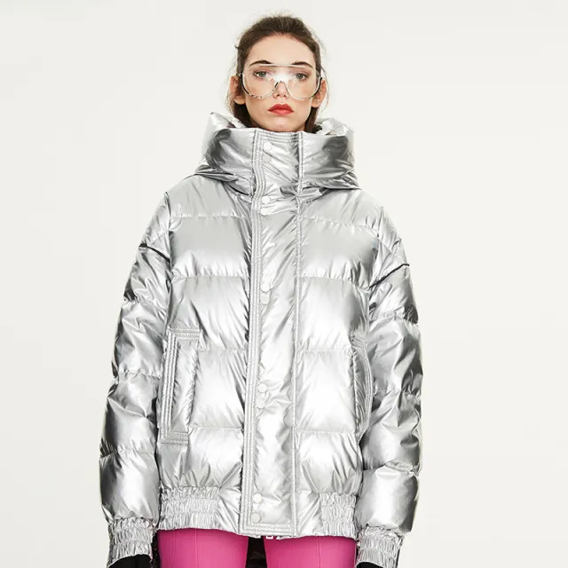 Couples Laser Glossy Thickened Loose Mid Length Down Jacket Silver - Shop at LoveMi