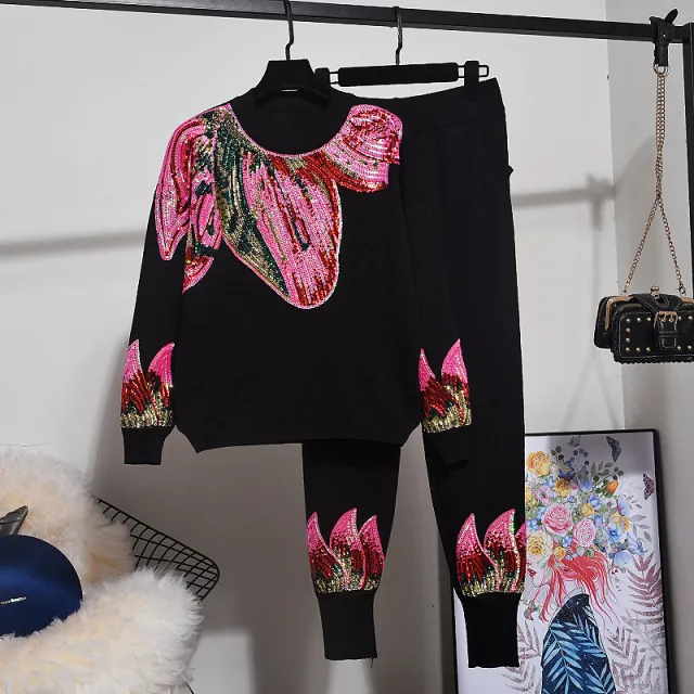 Sequined Heavy Industry Loose Sweater Coat Trousers Suit Black - Shop at LoveMi