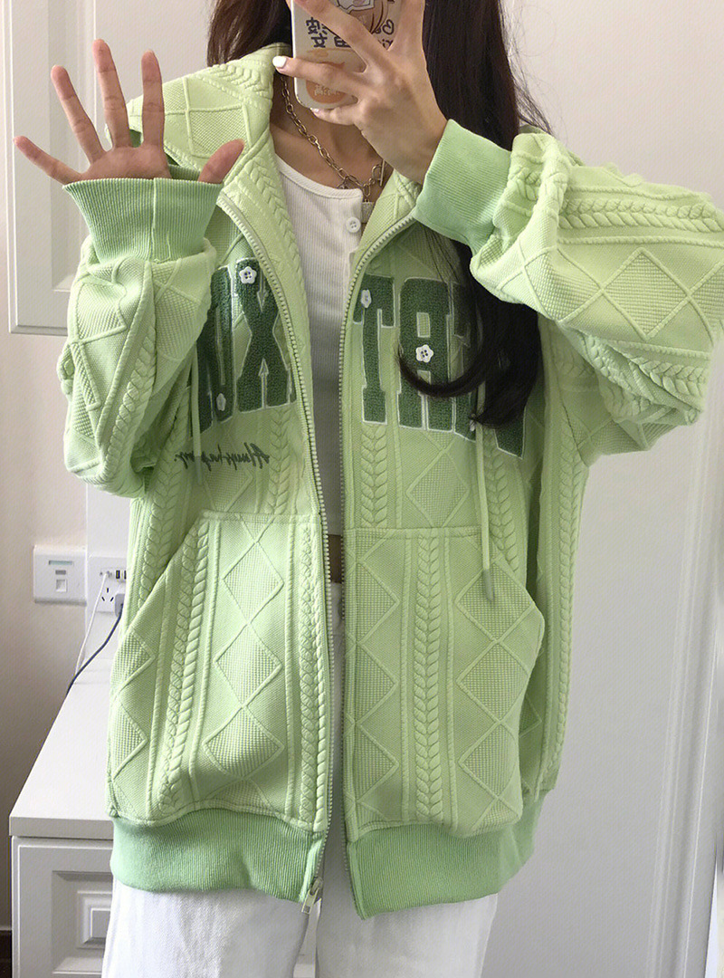 Title 6, Milk Green Art Raw Waffle Hooded Sweater, Loose...